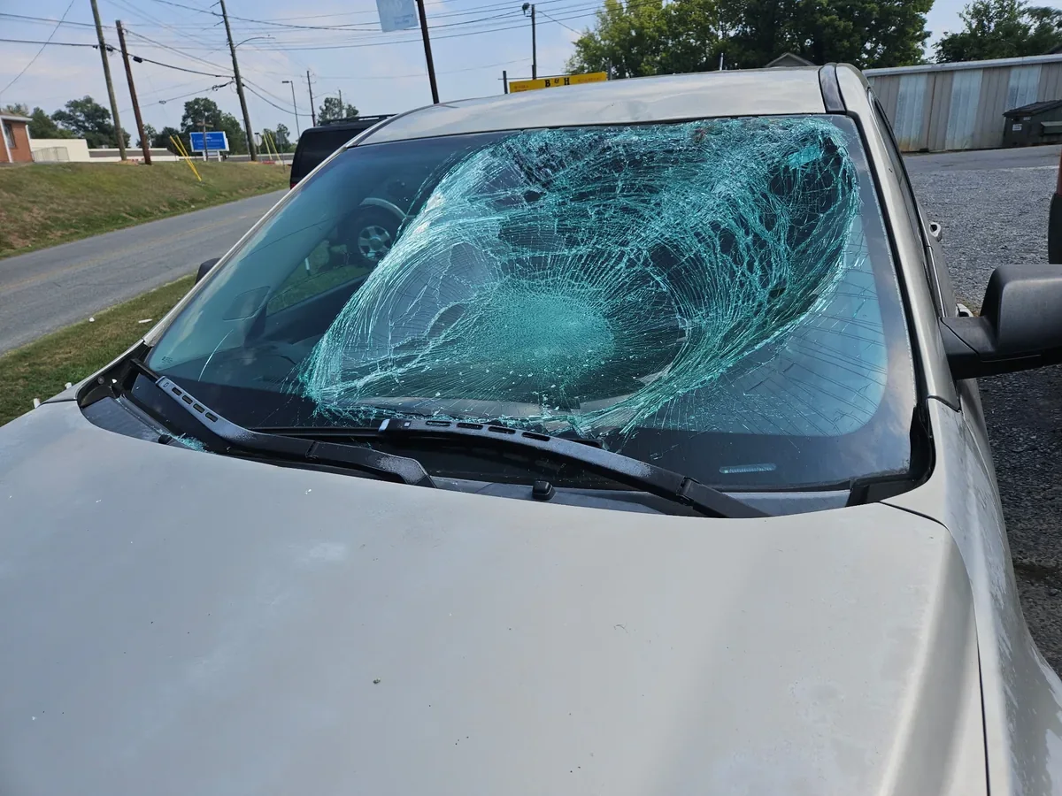 Chevy Equinox windshield badly shattered after deer impact