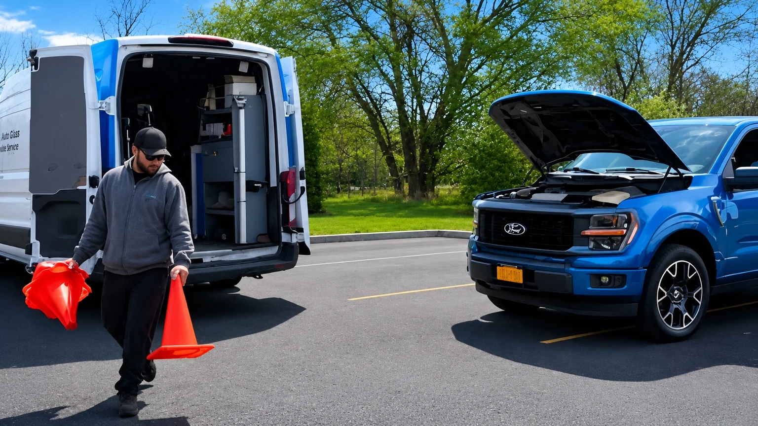 Mobile auto glass technician preparing a service area beside a work van and customer vehicle