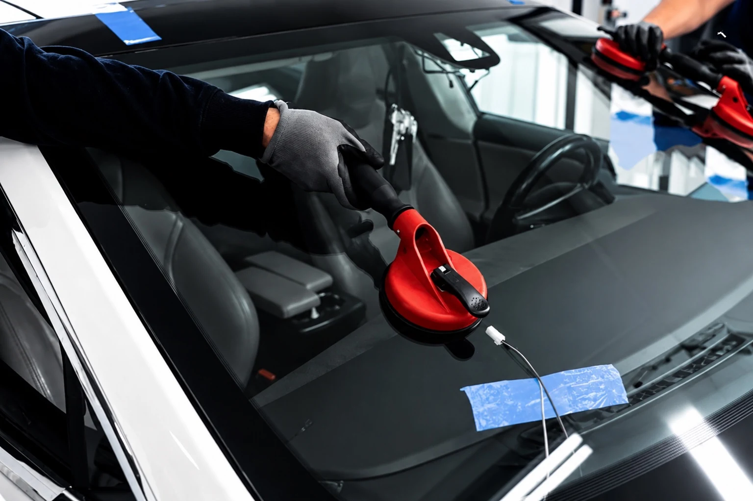 Technicians positioning and inspecting a replacement windshield